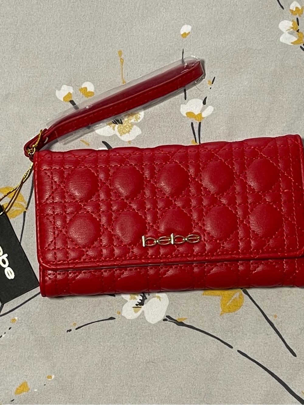 bebe Red Quilted Wristlet Clutch with Gold Logo